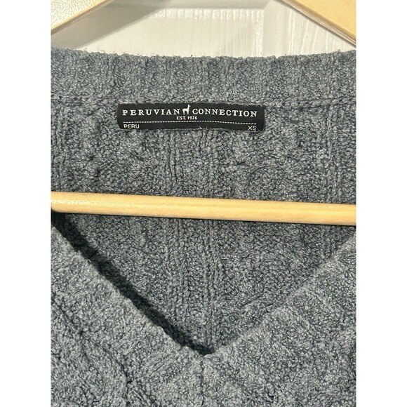 Peruvian Connection Cable Knit Sweater XS Pima Cotton V neck Pullover Blue Gray - Picture 2 of 4